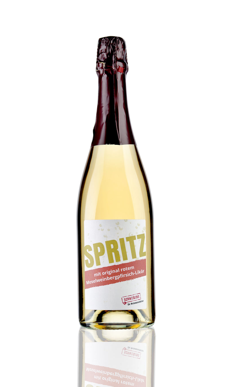 <p>SPRITZ</p> mit original rotem Moselweinbergpfirsich-Likör - Die Weinmanufaktur